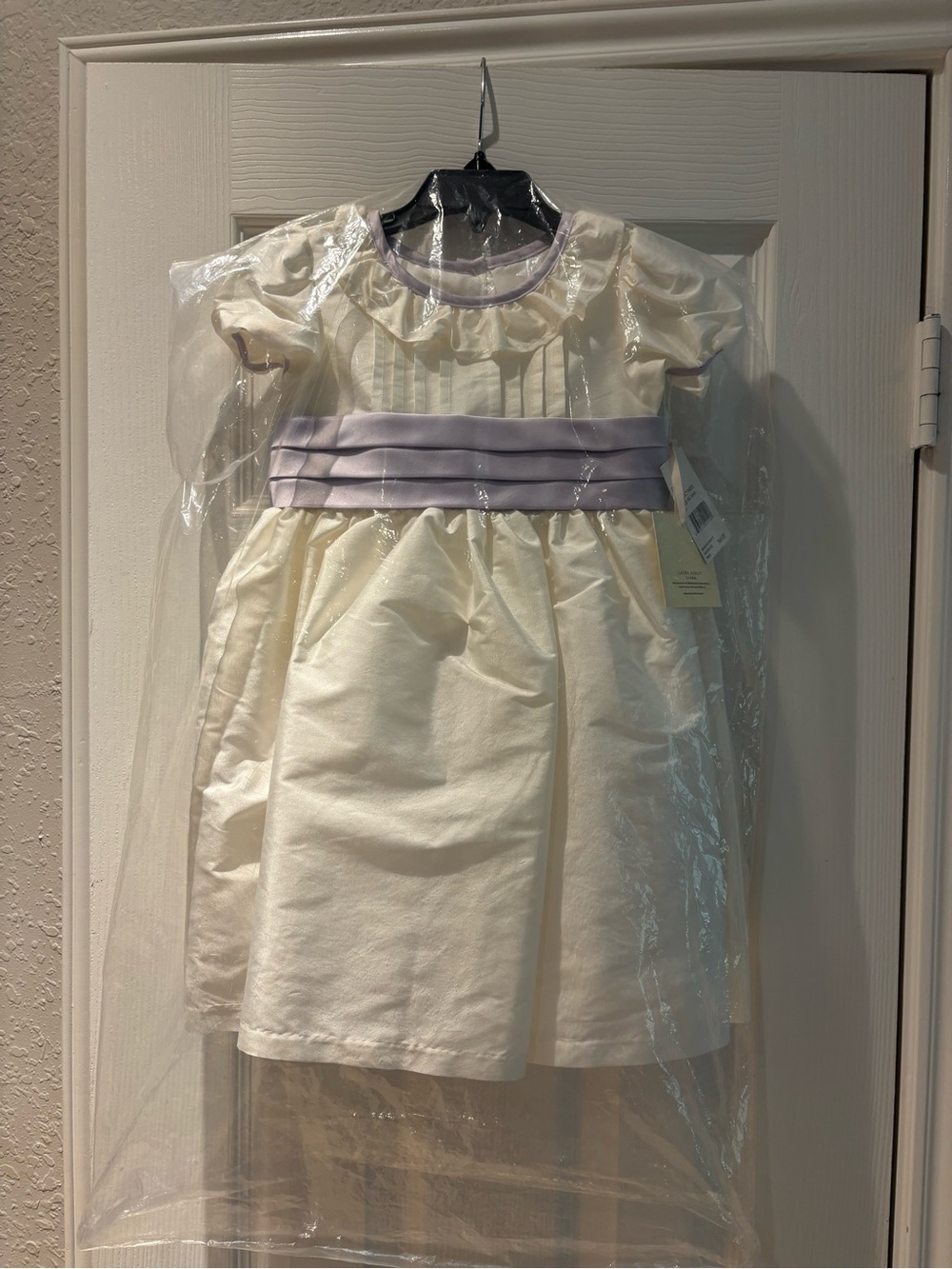 NWT Laura Ashley White Dress with Lavender Sash and sleeve piping - Picture 4 of 4